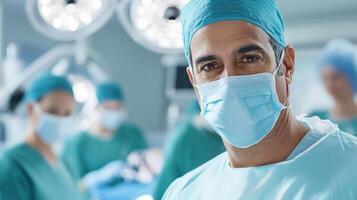 medical professional surgical attire smiles confidently operating room, showcasing teamwork and photo