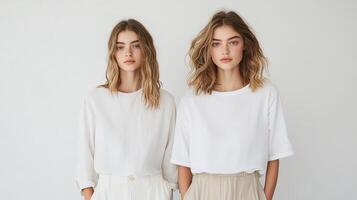 Minimalist fashion editorial featuring two models clean white studio, showcasing modern styles photo
