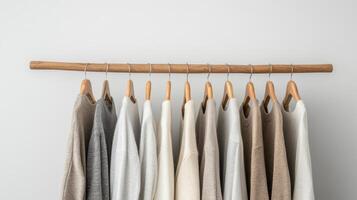 Minimalist closet featuring neutral toned sweaters hanging wooden rack, creating serene photo