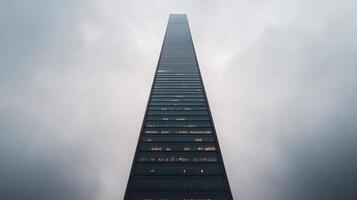 towering skyscraper rises into cloudy sky, creating dramatic urban scene photo
