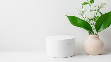 Minimalist scene featuring white container and vase with green leaves and flowers photo