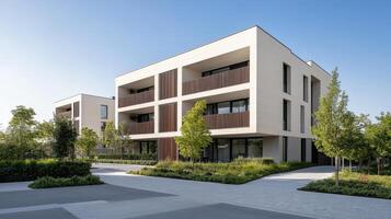 Modern apartment complex with sleek design and lush greenery surrounding it photo