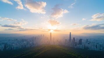 stunning skyline view of modern city at sunset, showcasing tall buildings and lush greenery photo