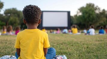 child sits blanket, watching movie large screen open air park, surrounded by families enjoying photo