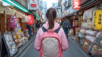 Exploring vibrant street market in Tokyo, filled with colorful shops and delicious snacks photo