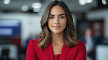 Professional news anchor in red blazer, confidently presenting in studio setting photo