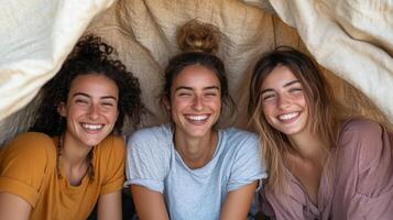 Joyful friends sharing laughter in cozy blanket fort, creating lasting memories together photo