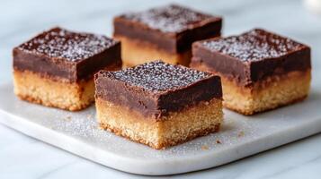 Delicious dessert squares with rich chocolate layer and crumbly base, perfect for any occasion photo