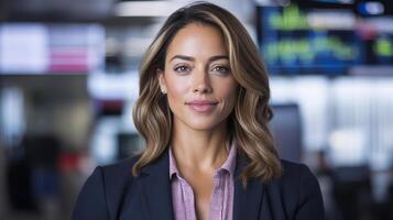 Professional woman with confident expression business setting, showcasing leadership and poise photo