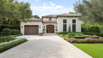 Luxurious Mediterranean style estate with lush landscaping and elegant architecture photo