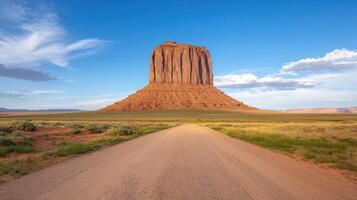 Majestic rock formation in Monument Valley with clear blue sky and dirt road leading to it photo