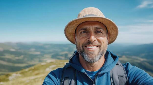 smiling man wearing hat and backpack enjoys scenic mountain view photo