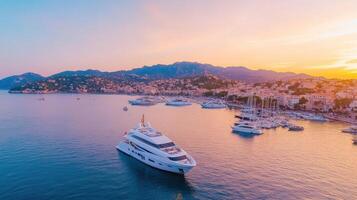serene sunset over French Riviera, featuring luxurious yacht on calm waters photo
