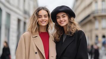 Stylish models pose together in chic outerwear, showcasing Parisian fashion trends photo