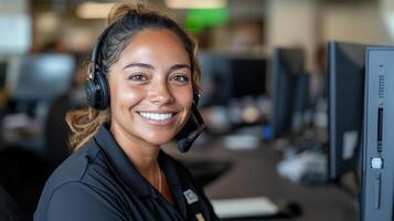 cheerful woman headset smiles while working call center, showcasing professionalism and photo