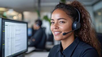 professional woman office environment, wearing headset and smiling while multitasking her photo