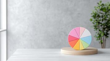 Colorful pie chart on wooden base, symbolizing data distribution and analysis photo