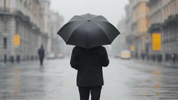 person walking alone with umbrella on rainy street, creating reflective atmosphere photo