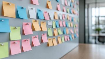 Colorful sticky notes arranged on planning wall create organized workspace atmosphere photo