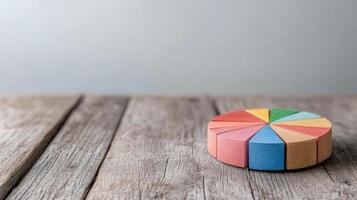 Colorful pie chart made of wooden pieces rustic wooden table, showcasing creativity and design photo