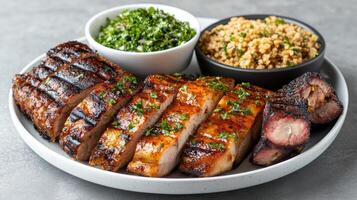 Delicious grilled chicken and ribs served with quinoa and salad, perfect for hearty meal photo