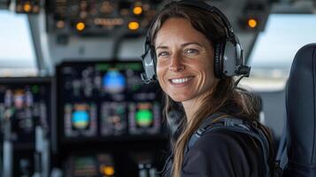 confident pilot smiles in modern cockpit, showcasing advanced flight instruments and controls photo