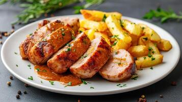 Delicious plate of sliced sausage with savory sauce and crispy fries, perfect for hearty meal photo