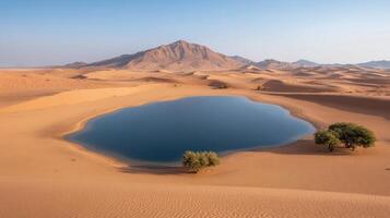 serene oasis in vast desert landscape, surrounded by golden dunes and distant mountains photo