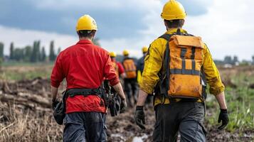 Rescue team members walking through muddy field, prepared for emergency response photo