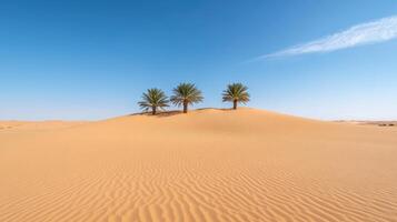 Lush palm trees stand tall on golden sand dune under clear blue sky, creating serene oasis photo