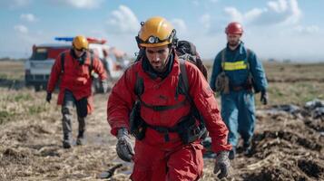 Rescue team members in red and blue gear working diligently during emergency situation photo