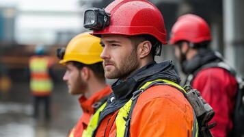 Rescue team members in safety gear prepare for emergency response in rainy conditions photo