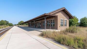 restored historic train station featuring vintage architecture and serene landscape photo