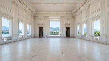 grand, empty hall with elegant architecture and large windows showcasing scenic view photo