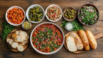 Delicious borscht served with fresh bread, pickles, and vibrant salads creates warm atmosphere photo