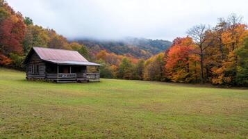 Rustic wooden cabin in vibrant autumn landscape with colorful trees and misty mountains photo
