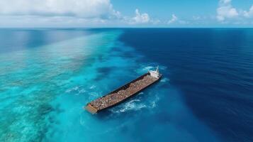 Aerial view of large ship surrounded by clear blue waters, showcasing cleanup operation photo