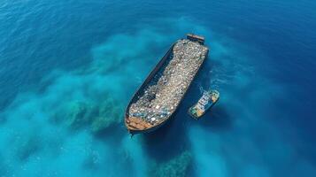 Aerial view of large ship filled with waste, surrounded by clear blue water, highlighting photo