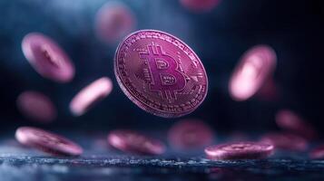 Digital currency coins float in futuristic setting, symbolizing innovation and finance photo