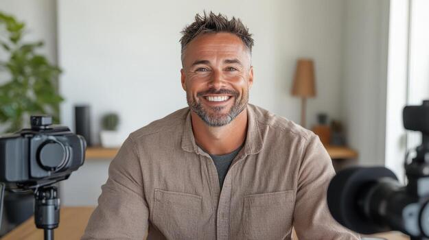 confident man smiles while recording modern workspace, showcasing his passion for content photo