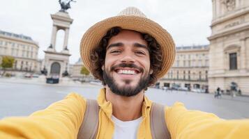 cheerful traveler taking selfie historic city square, showcasing iconic architecture and statue photo