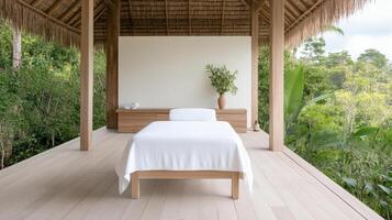 serene spa retreat setting featuring massage table surrounded by lush greenery, promoting photo