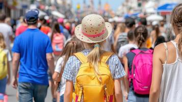 child wearing yellow backpack and straw hat walks among crowd, enjoying lively atmosphere photo