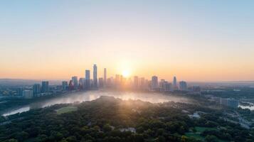 stunning city skyline dawn, with skyscrapers emerging from mist and sunlight illuminating scene photo