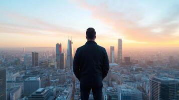 person gazing at stunning city skyline during sunset, reflecting on life and opportunities photo