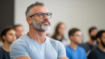 Engaged audience member listening attentively during lecture in modern classroom setting photo