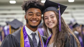 Graduates celebrating their achievement with smiles, wearing caps and gowns, and graduation photo