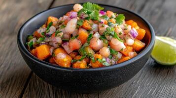 colorful bowl of fresh ceviche with shrimp, tomatoes, and herbs, garnished with lime photo