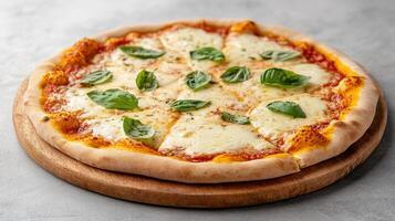 delicious Margherita pizza topped with fresh basil leaves and melted cheese, served wooden board photo