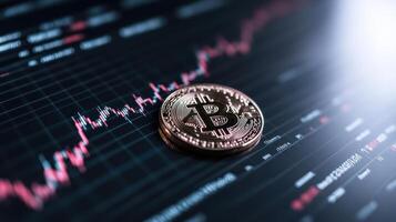 close up of Bitcoin coin trading chart displaying fluctuating prices, symbolizing market trends photo